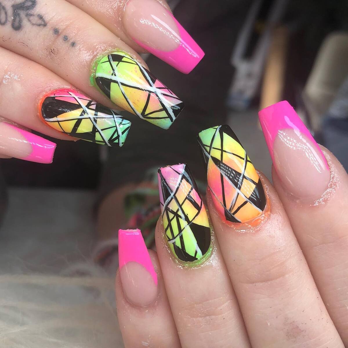 14. Geometric Neon Explosion with Pink French Tips