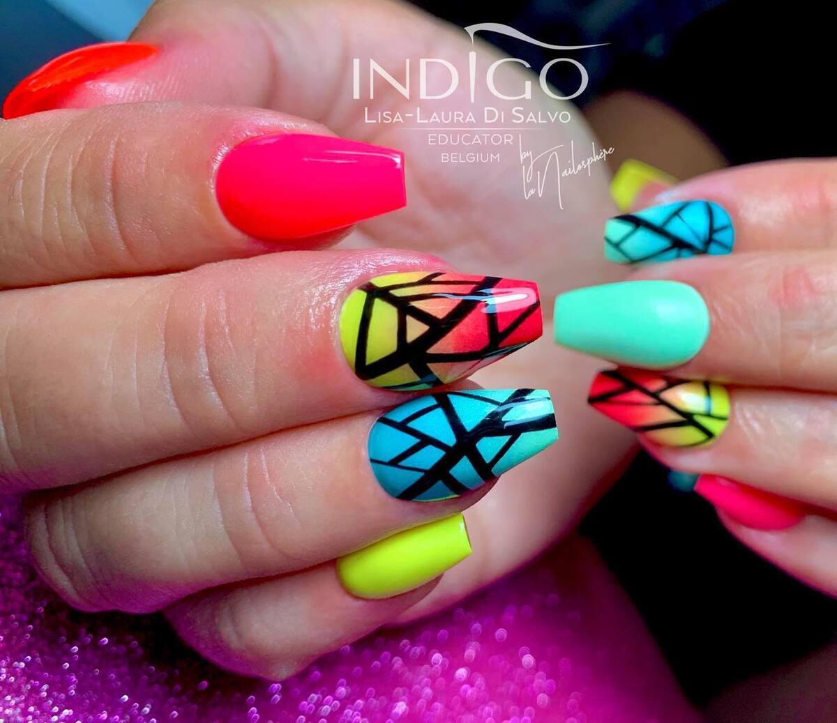 21. Vibrant Neon Ombre with Geometric Black Accents