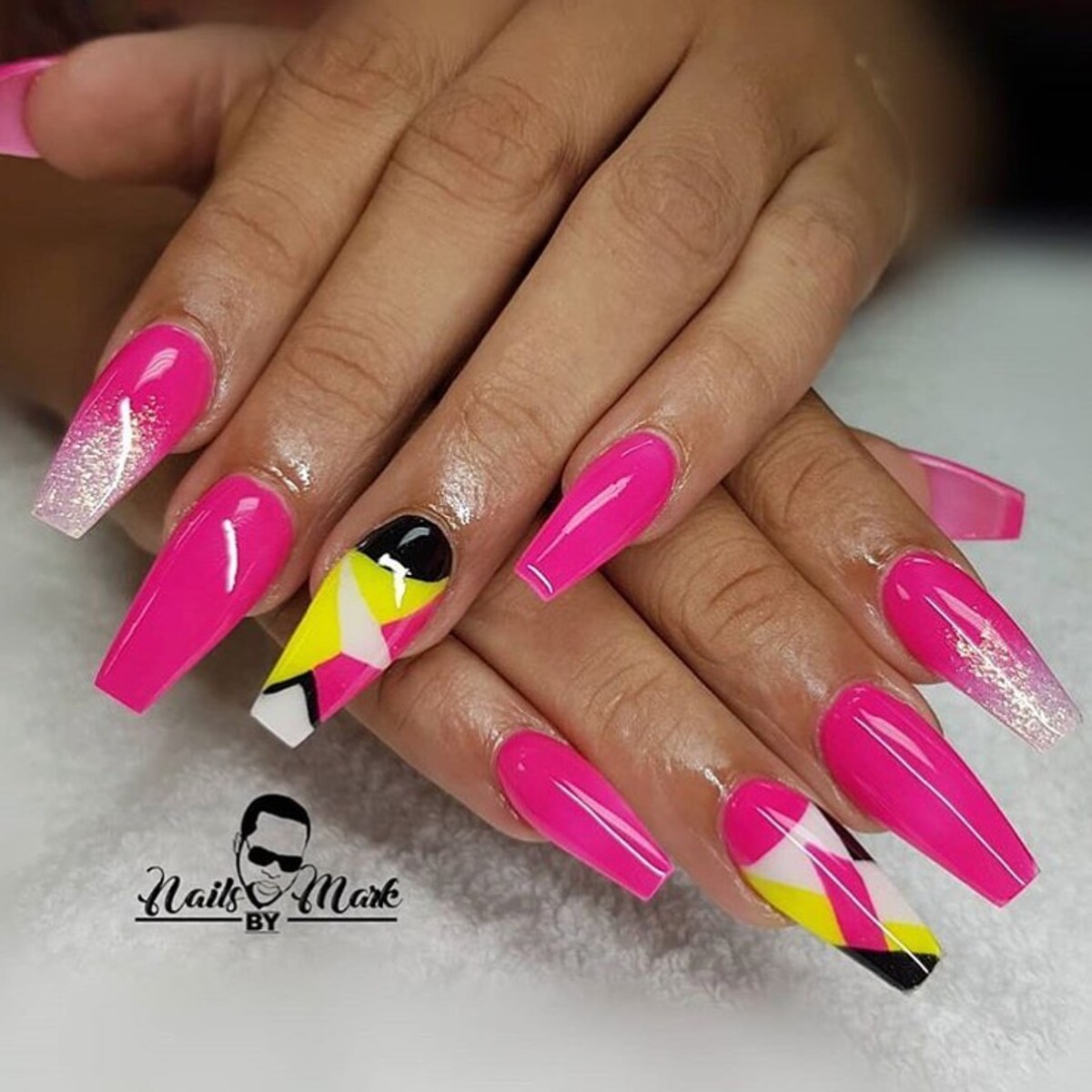 27. Bold Hot Pink with Geometric Neon Accents