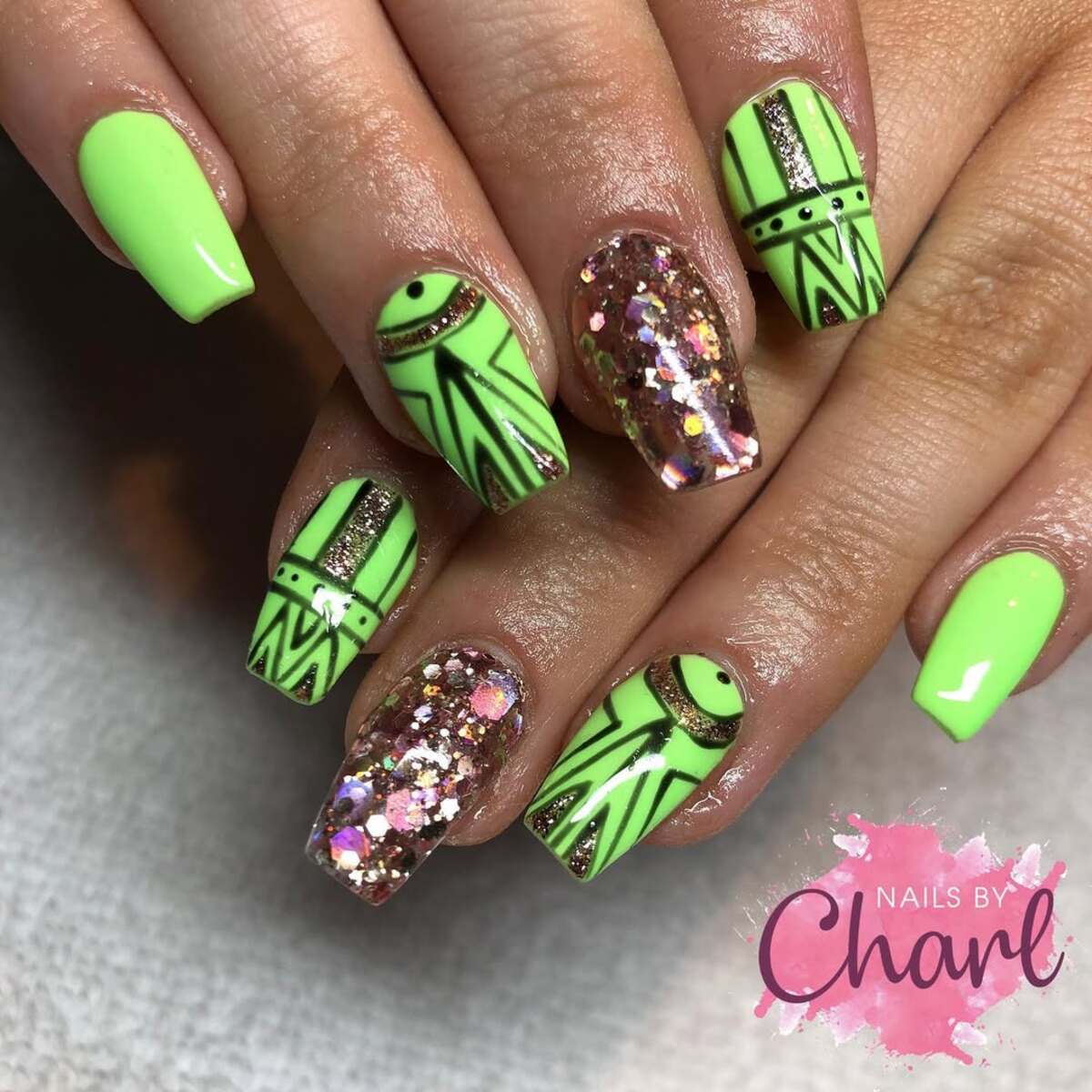 4. Neon Green Tribal Glam with Glitter Accents