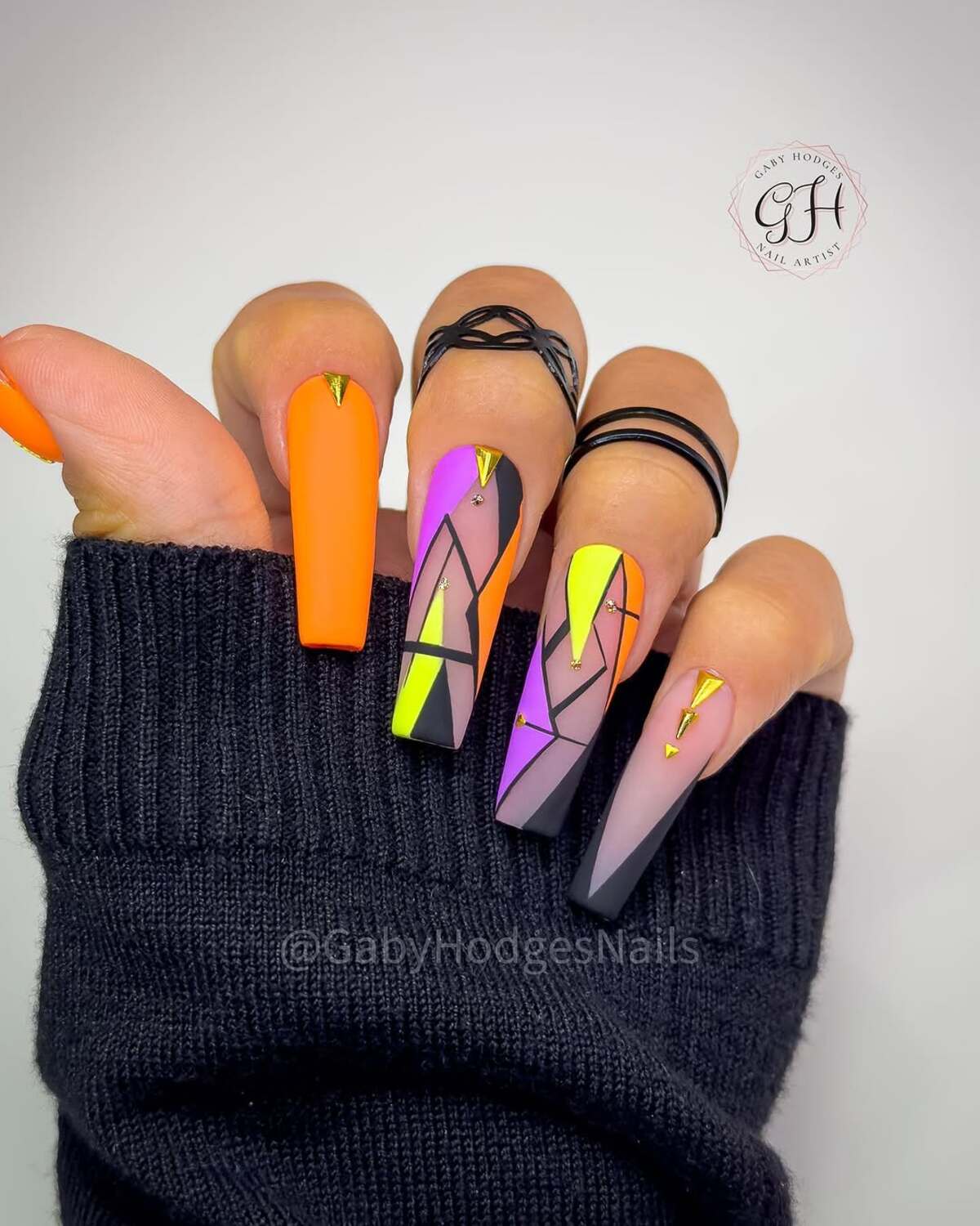7. Edgy Neon and Matte Geometric Stiletto Nails