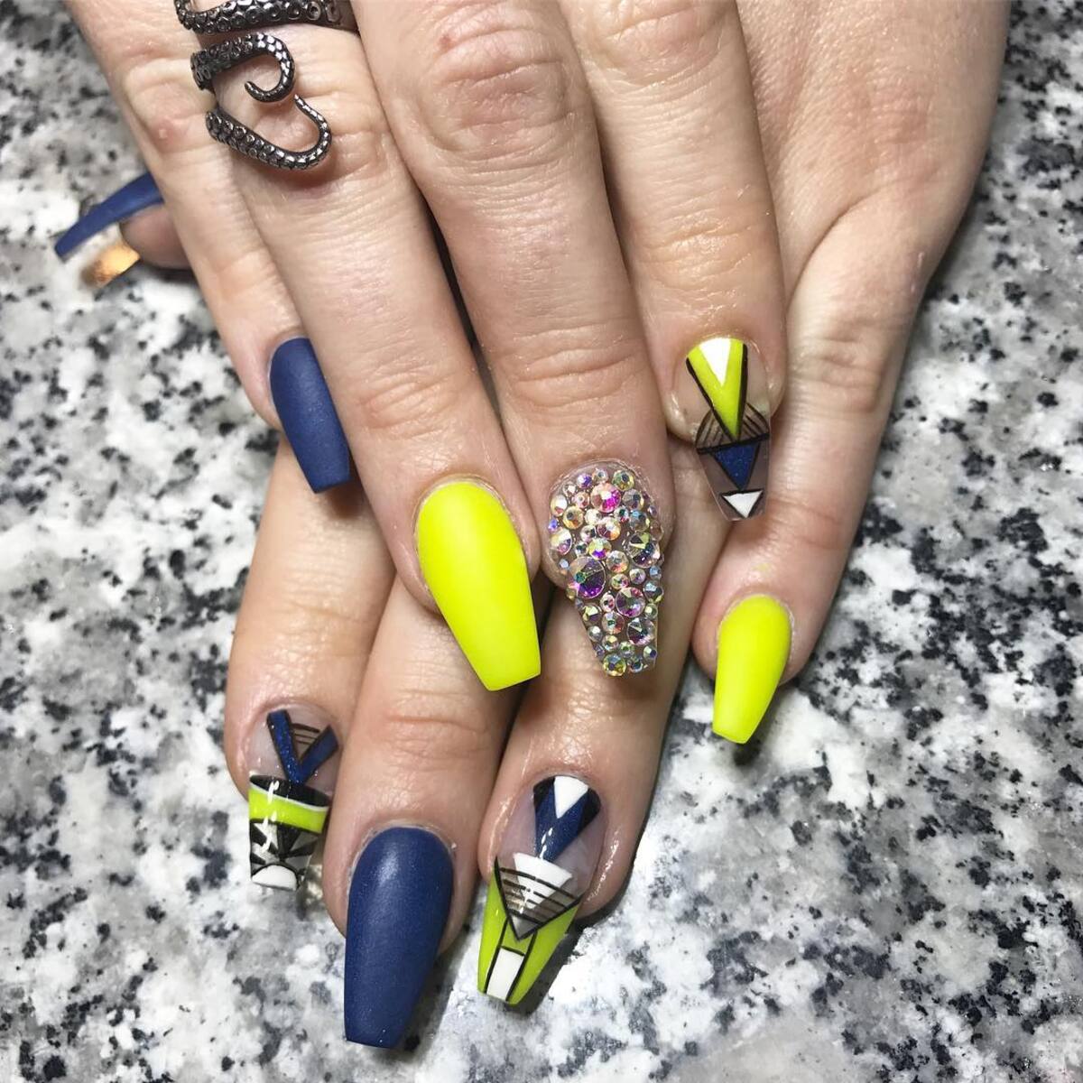 9. Dark Blue and Neon Yellow Statement Nails
