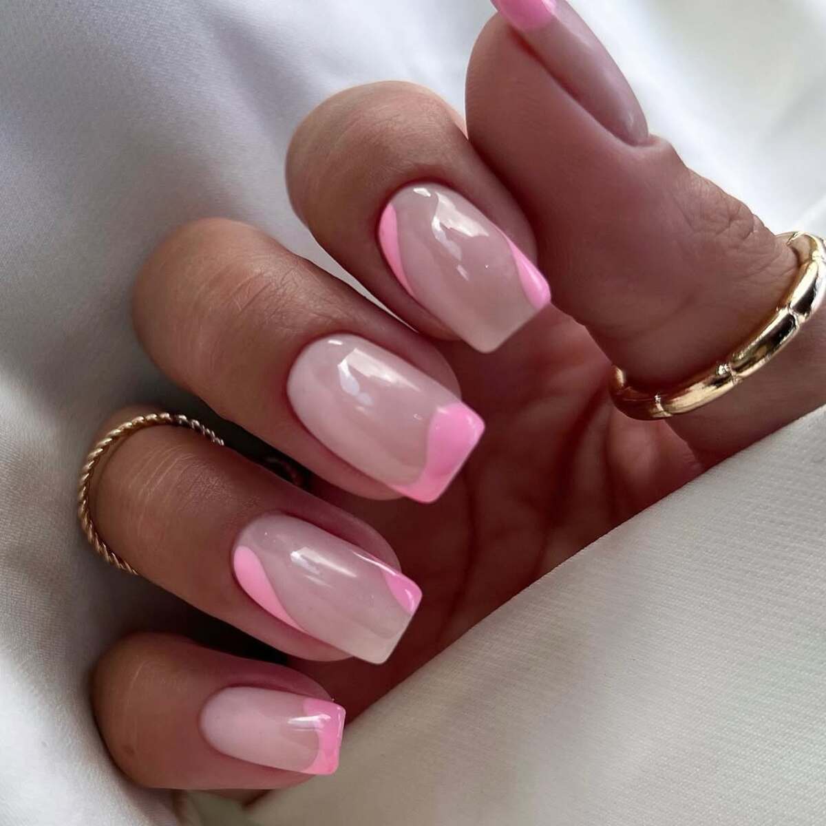 26. Soft Square Pink Nails with Modern French Tips