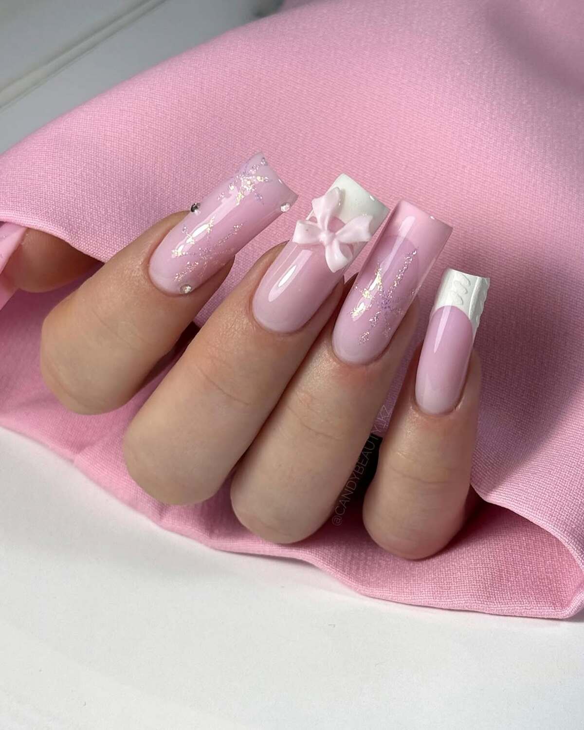 3. Soft Baby Pink with 3D Bow and Glitter Details