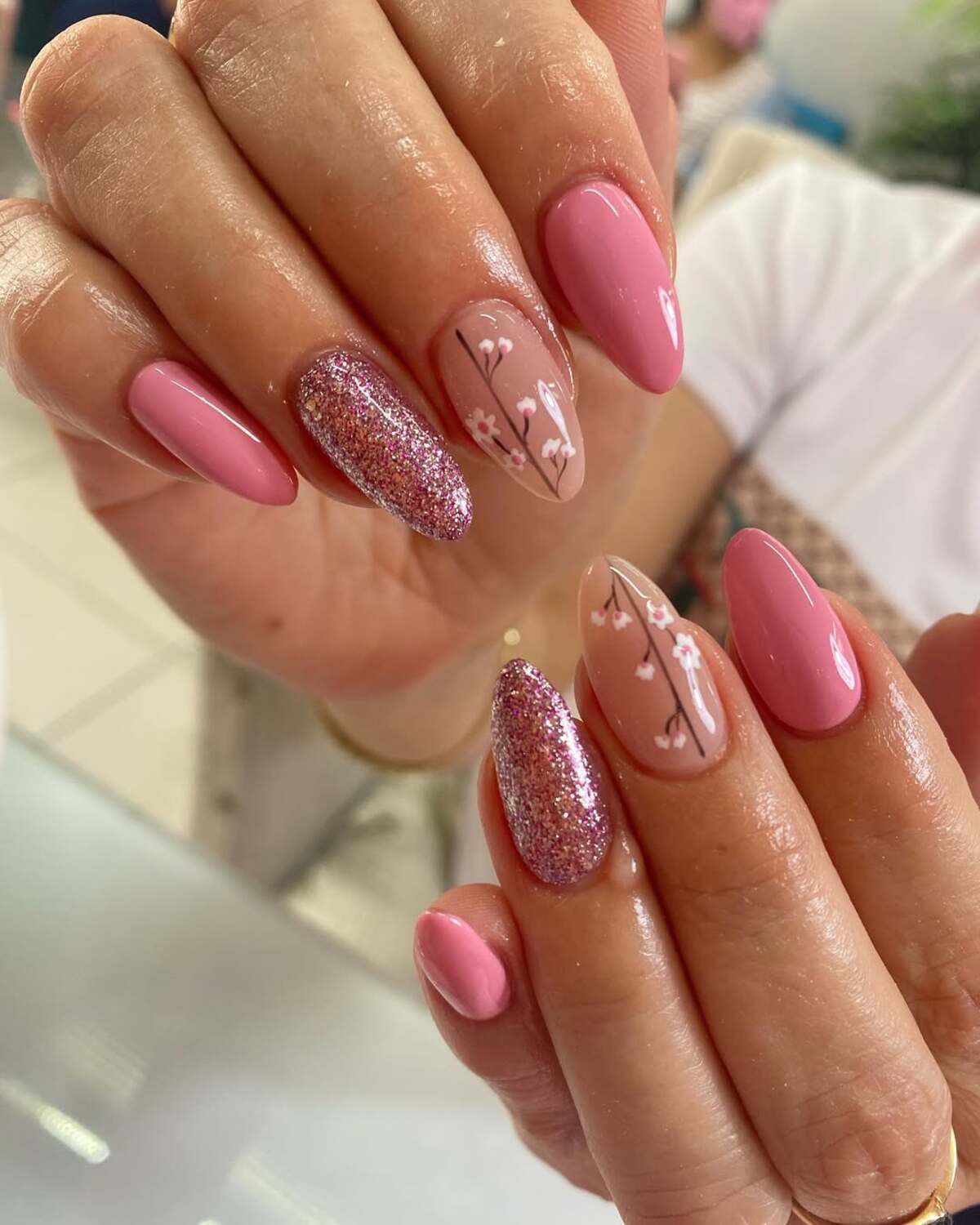 8. Pink Blossom Nails with Glitter Accents