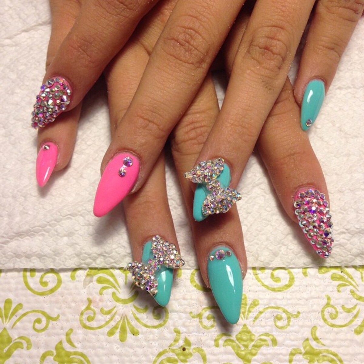 12. Glamorous Rhinestone Stiletto Nails in Hot Pink and Aqua