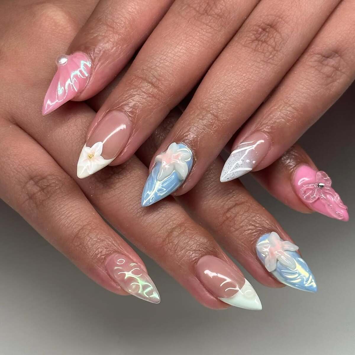 4. Elegant 3D Floral Stiletto Nails in Soft Pink and Aqua