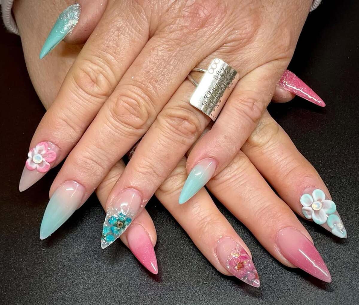 7. Romantic 3D Floral Stiletto Nails in Pink and Aqua
