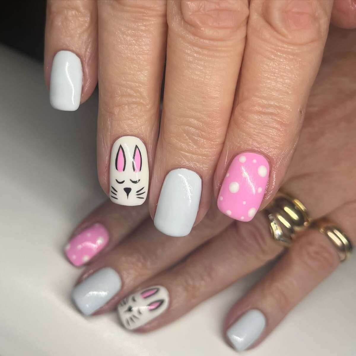 1. Soft Pastel Bunny and Polka Dot Nails