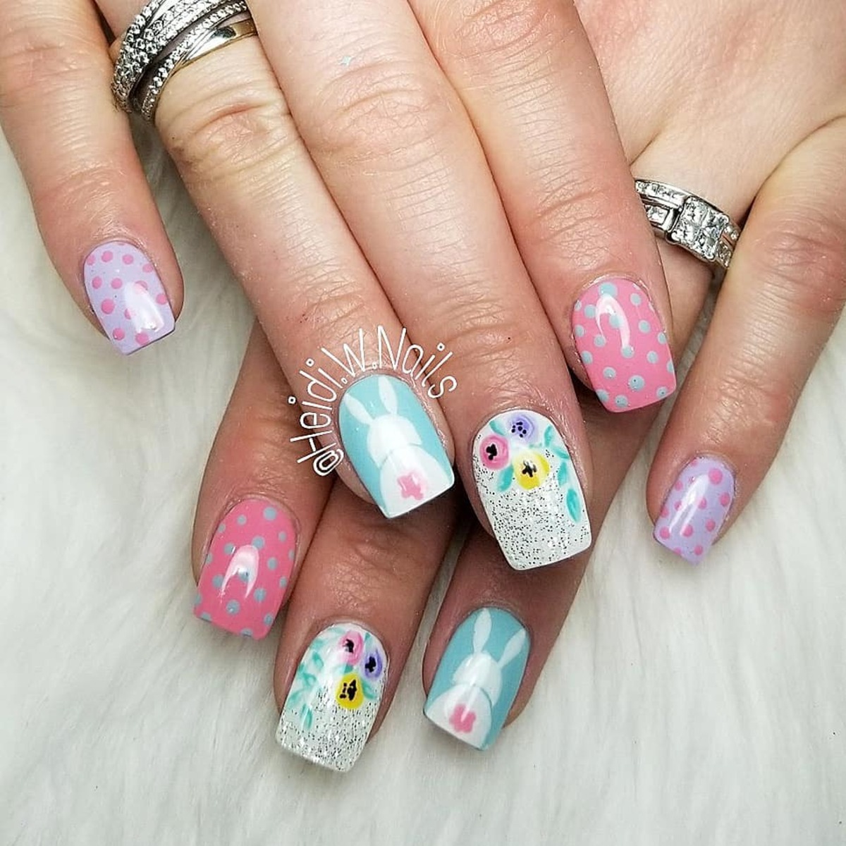 12. Pastel Bunny and Floral Easter Nails