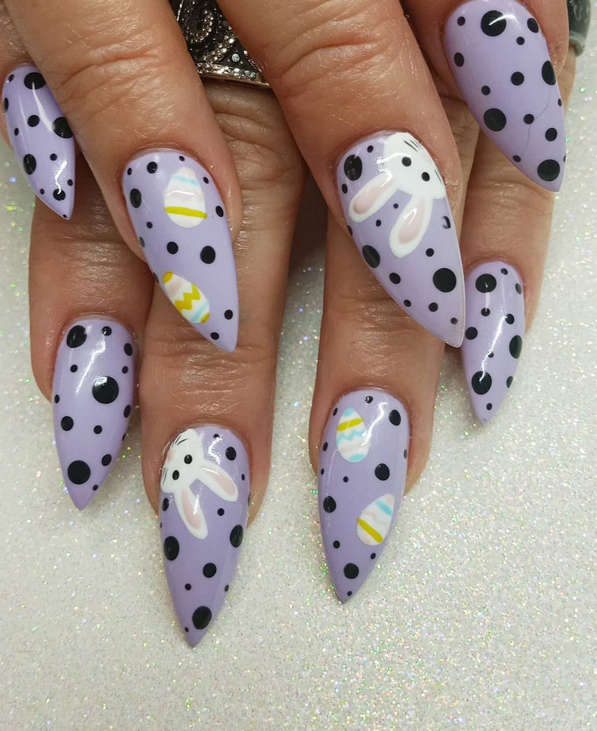 13. Lavender Bunny and Black Polka Dot Nails