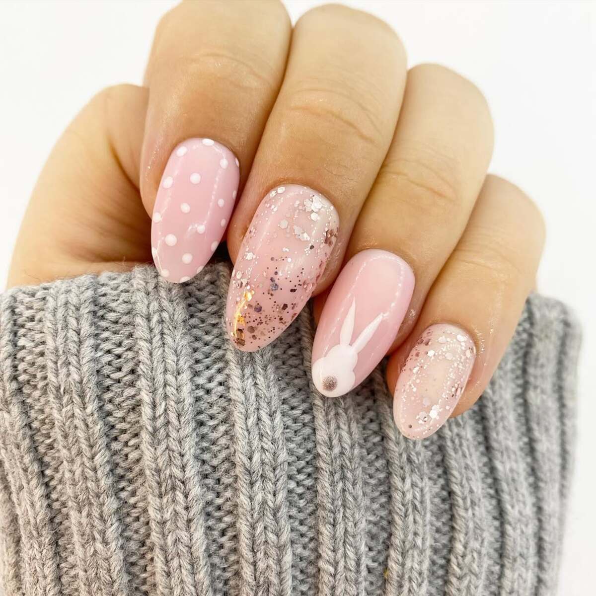 22. Blush Pink Bunny and Glitter Nails