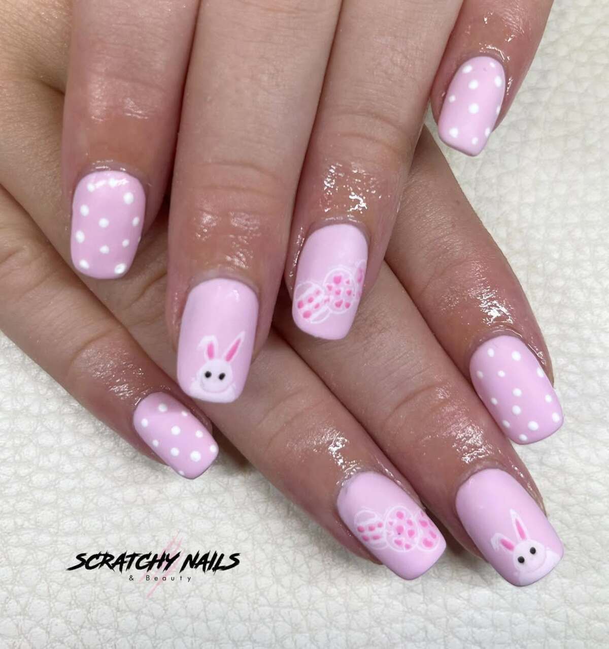 24. Soft Pink Bunny and Polka Dot Nails