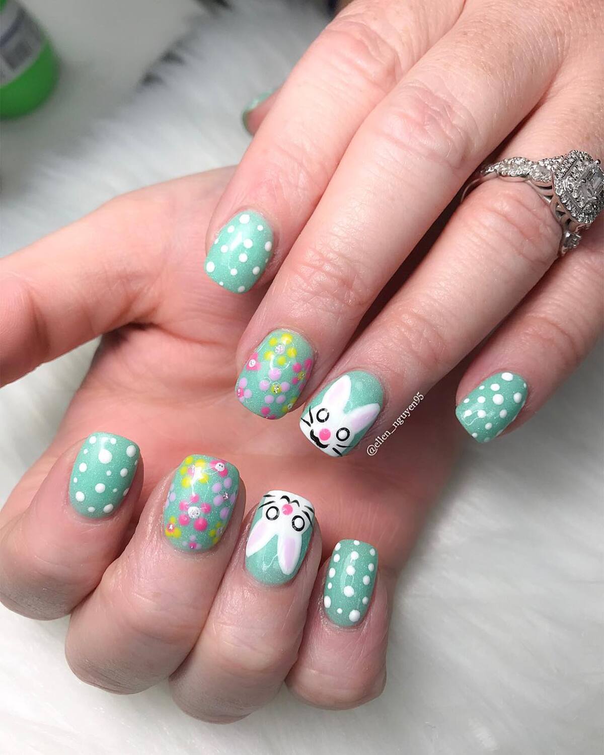 26. Mint Green Bunny and Floral Easter Nails