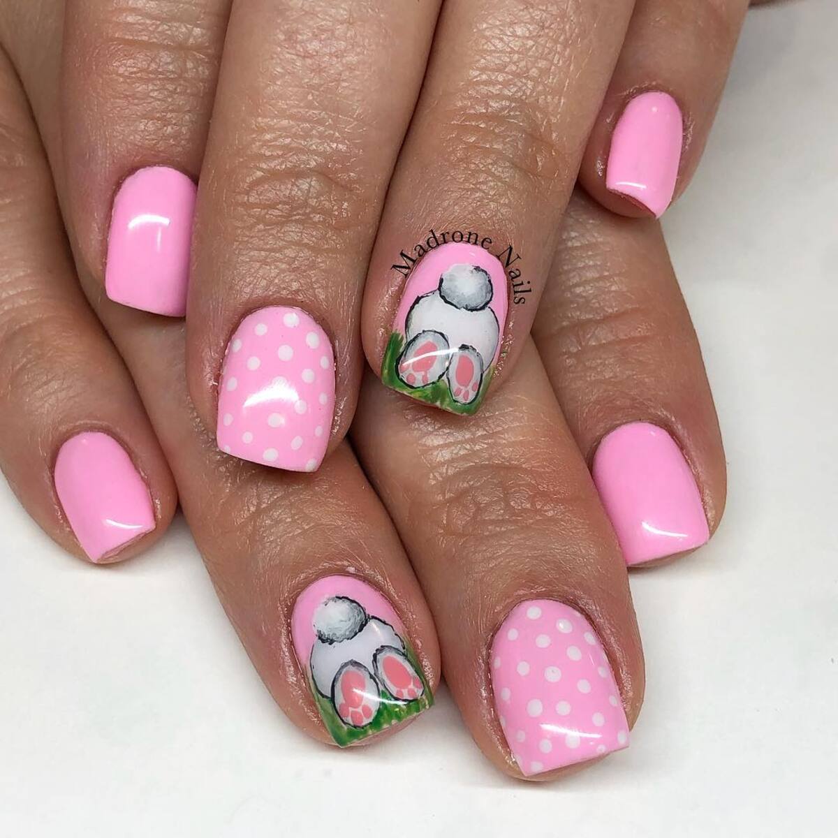7. Pink Bunny and Polka Dot Easter Nails