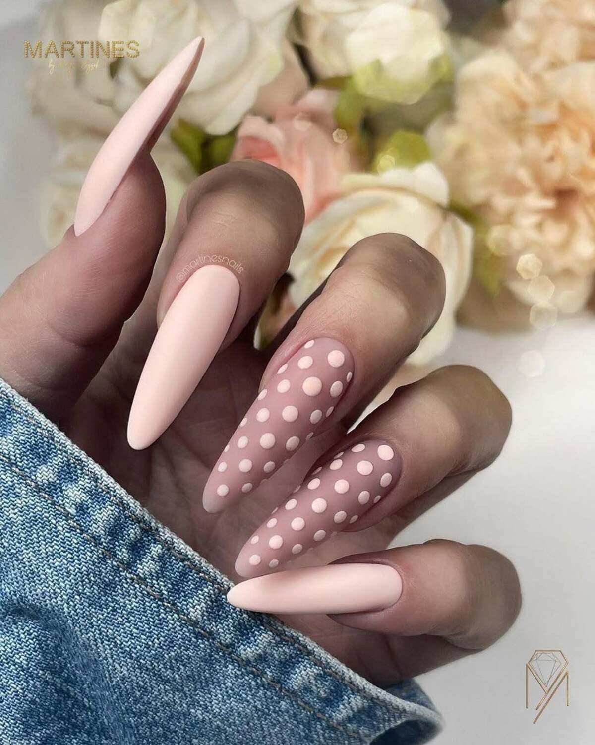19. Blush Pink Matte Stiletto Nails with Polka Dots