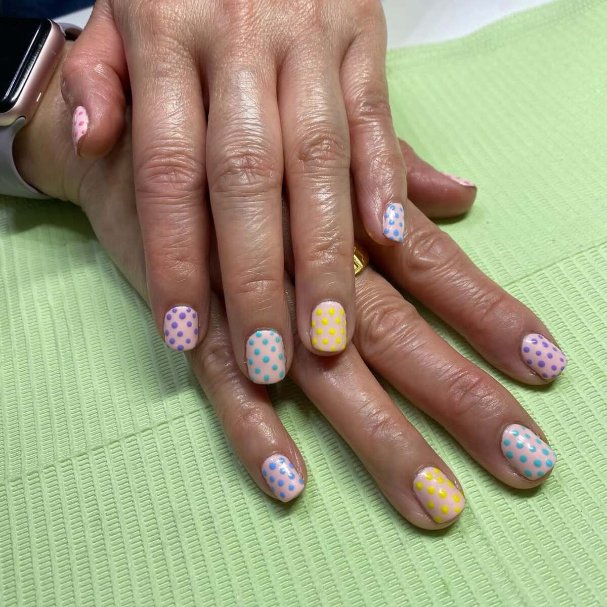 23. Short Pastel Nails with Coordinated Polka Dots