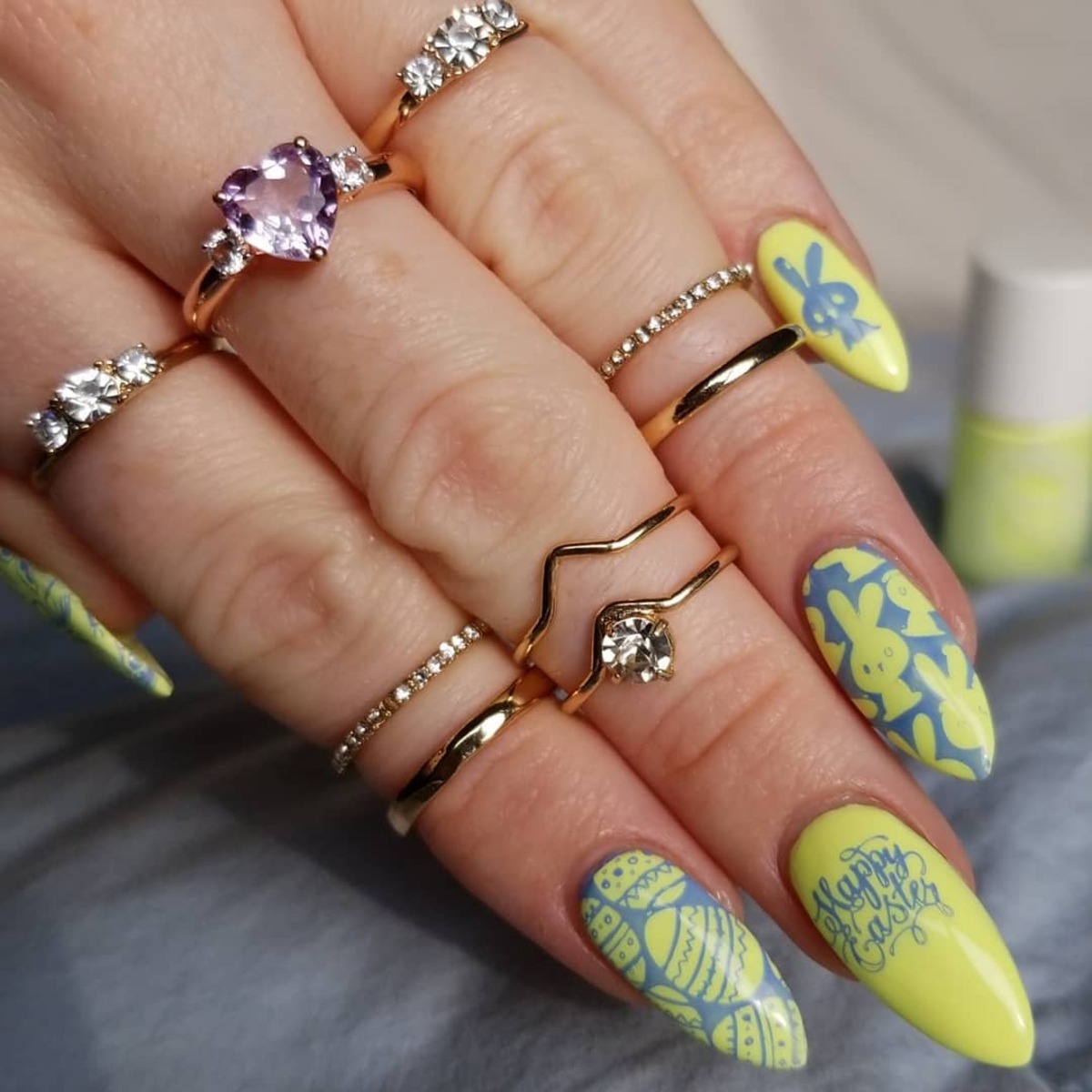 10. Neon Yellow Easter Bunny and Egg Nails
