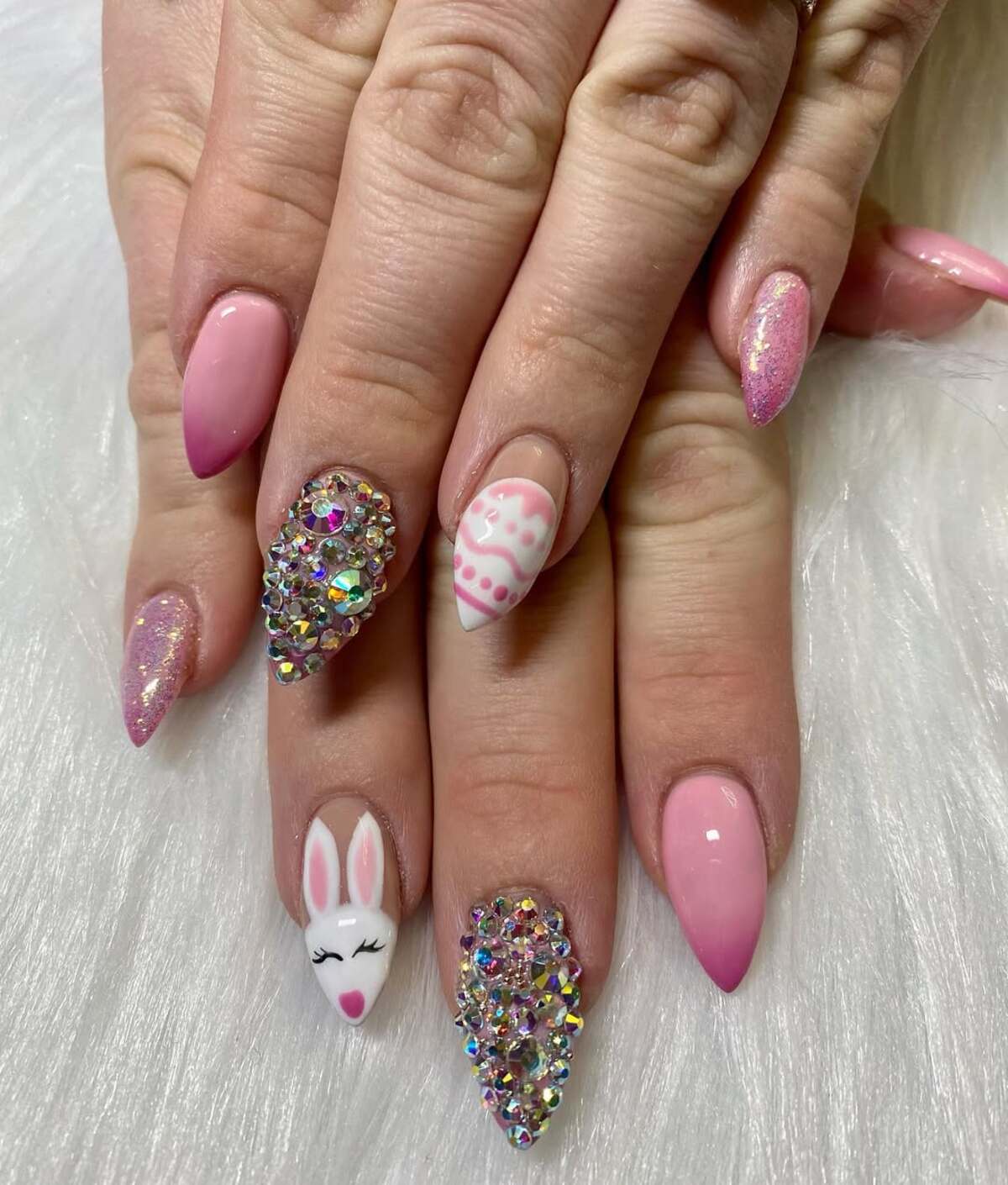 17. Pink Bunny and Rhinestone Glam Nails