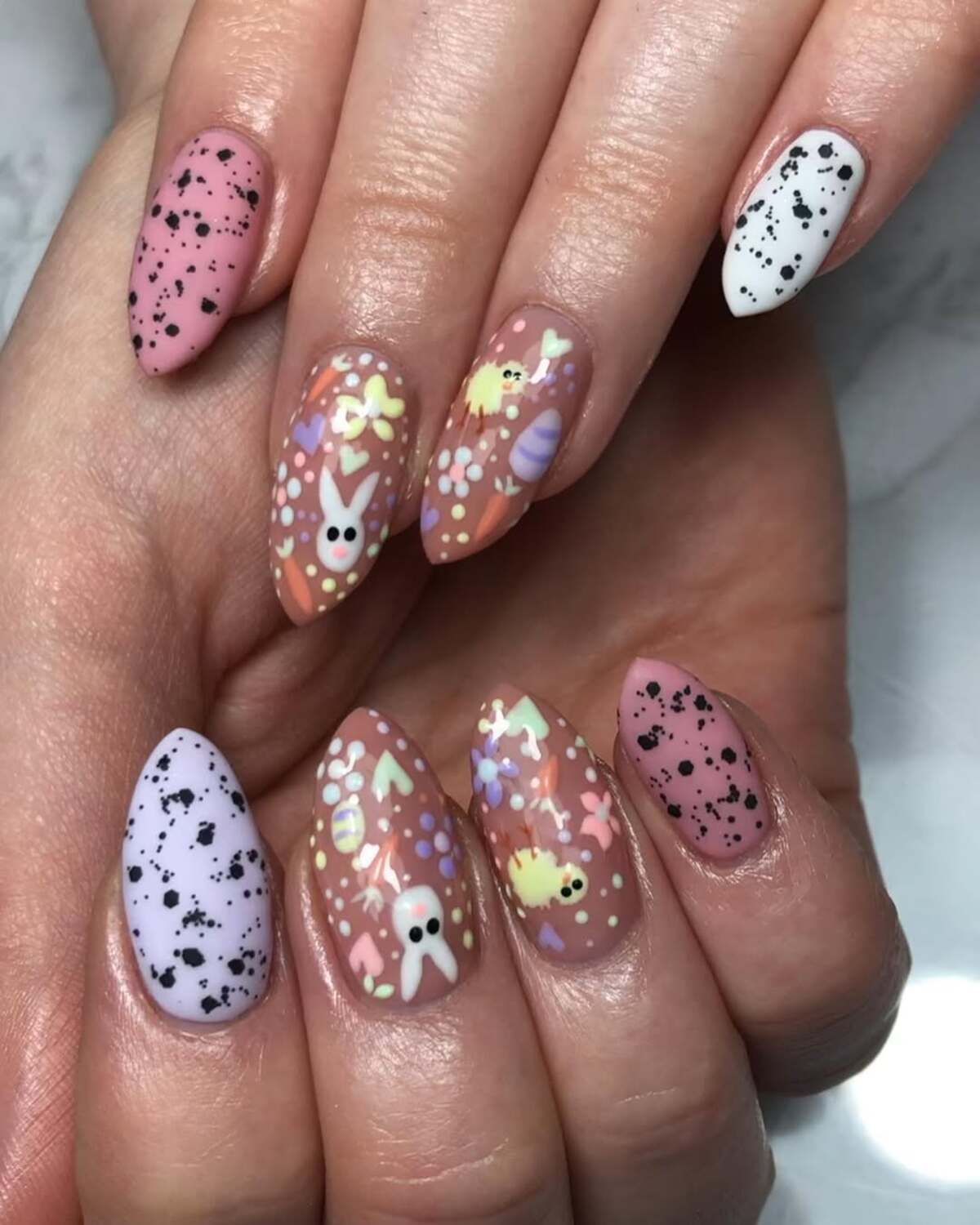 18. Pastel Bunny and Easter Floral Nail Design