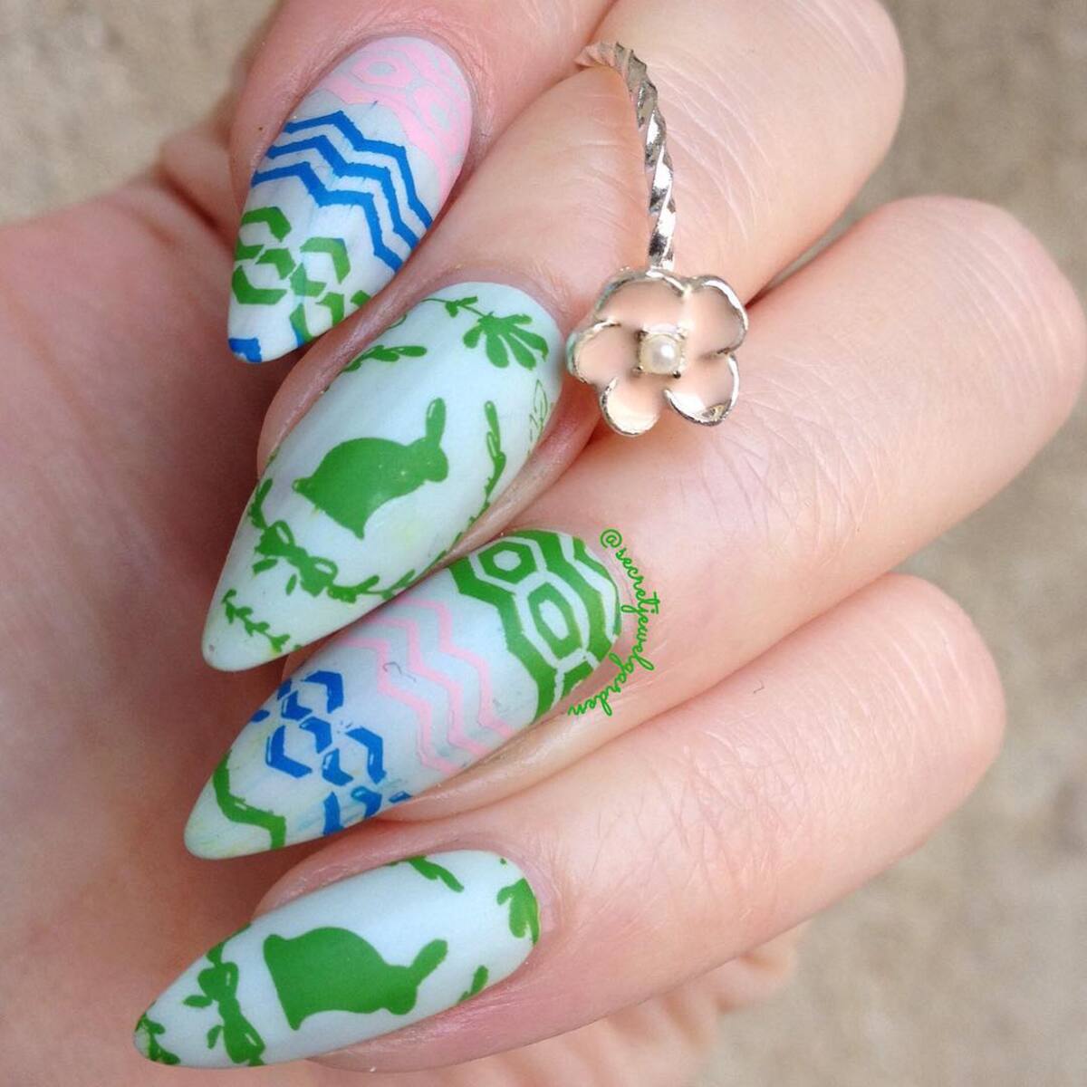 19. Green and Blue Bunny Easter Nails