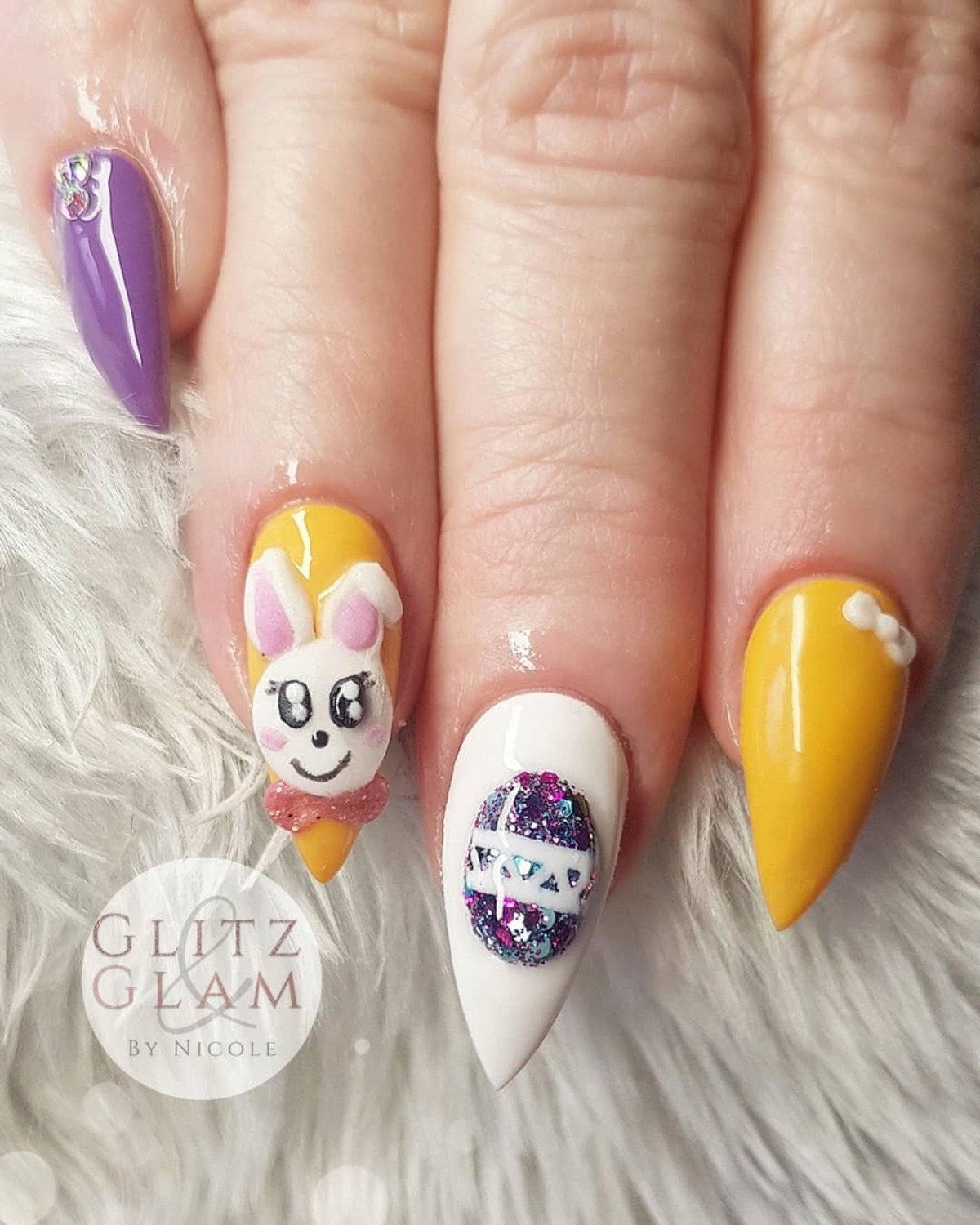 20. 3D Bunny and Glitter Easter Egg Nails