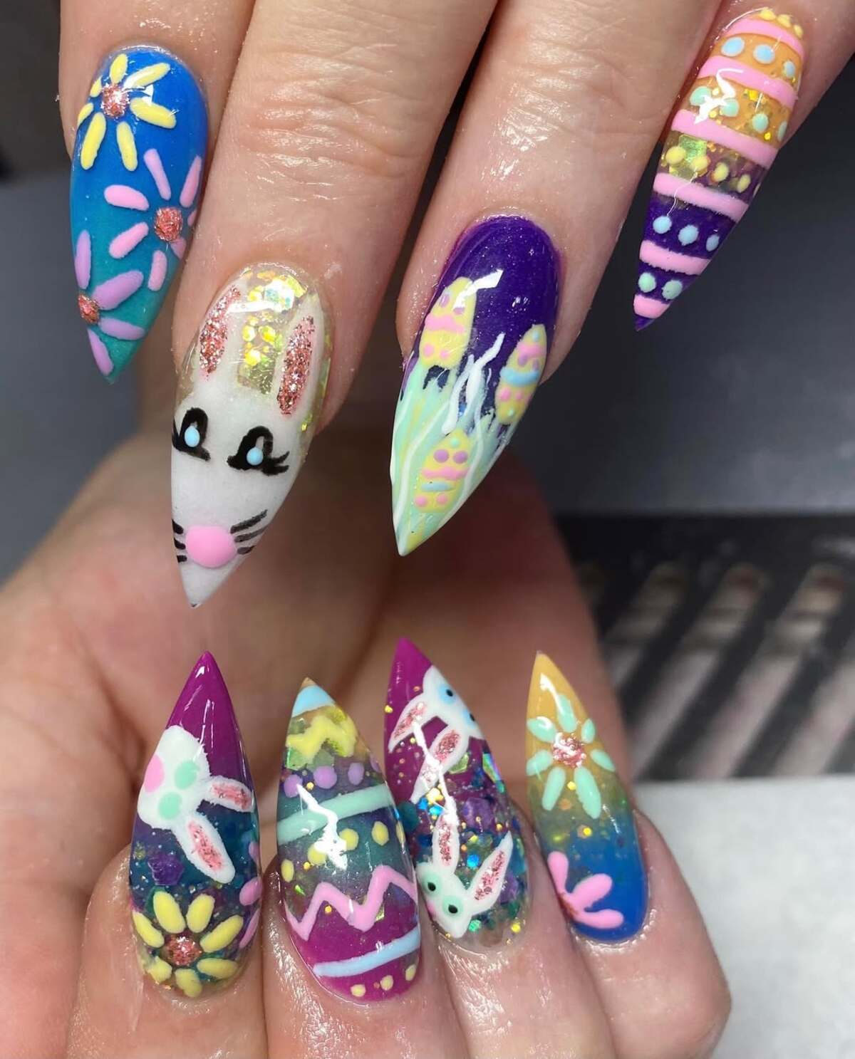 21. Vibrant Easter Bunny and Floral Fantasy Nails