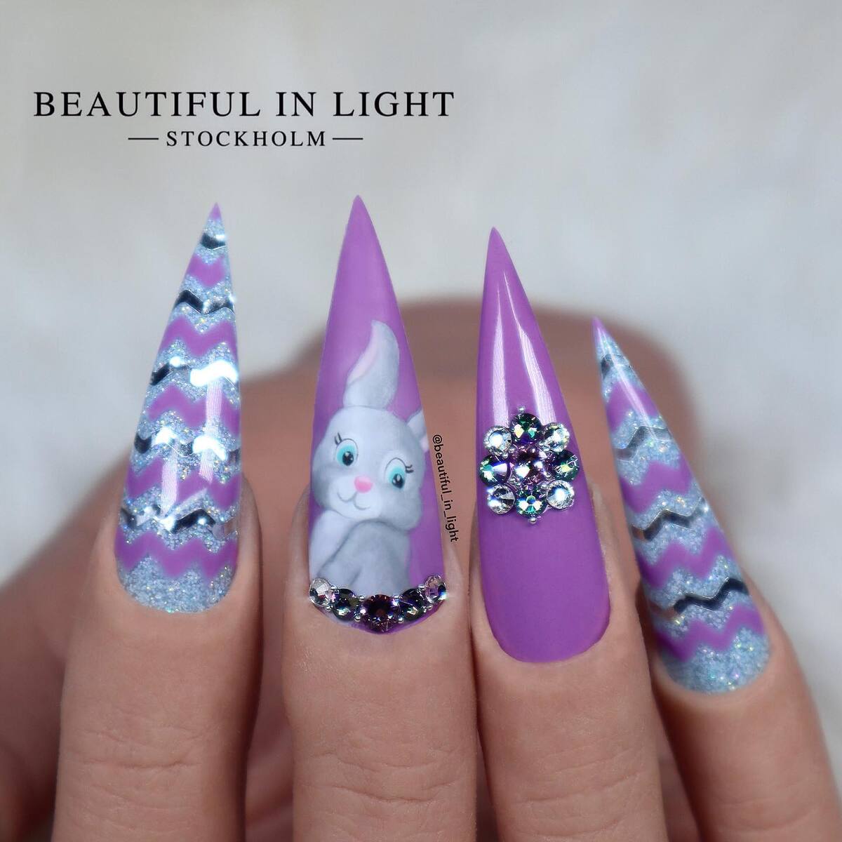 26. Purple Glam Bunny and Glitter Nails