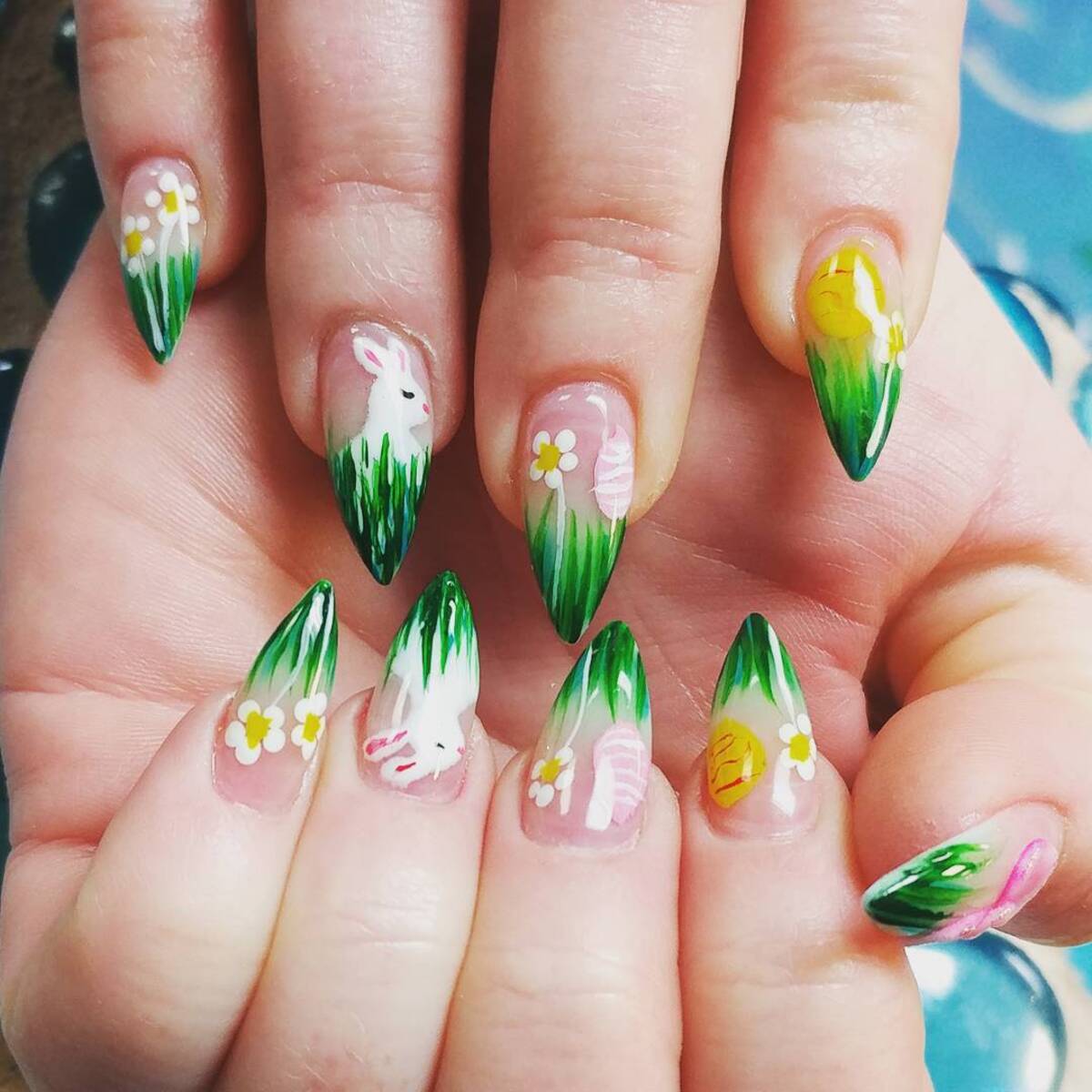 28. Easter Bunny and Grass Tip Nail Art