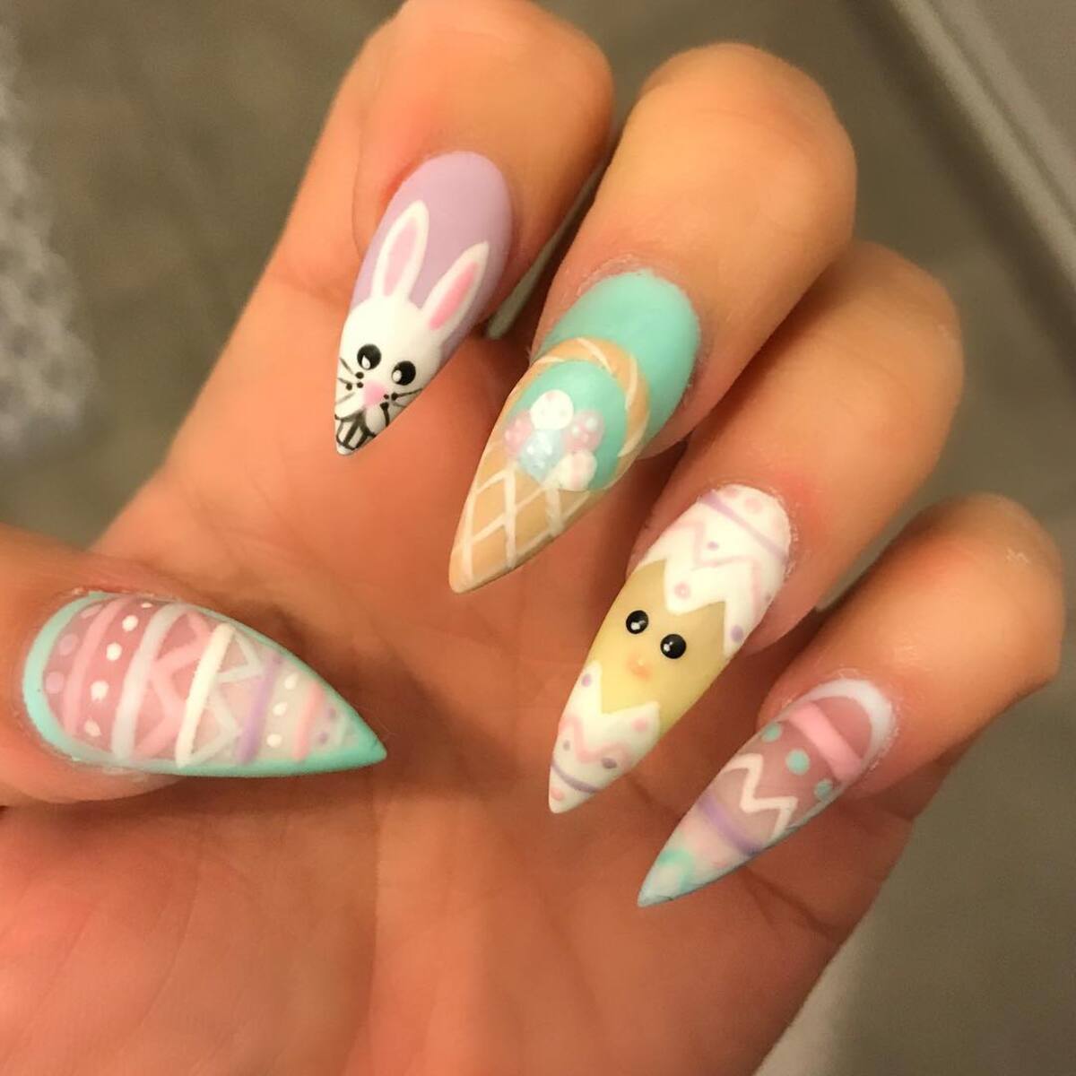 4. Cute Bunny and Chick Pastel Easter Nails