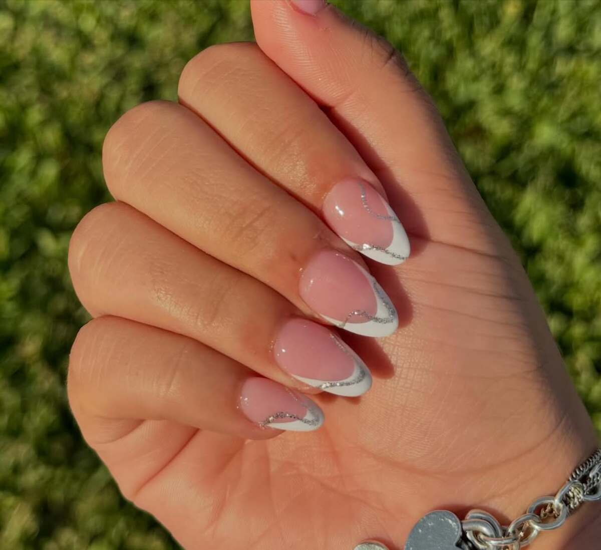 14. Elegant White French Tips with Silver Accents
