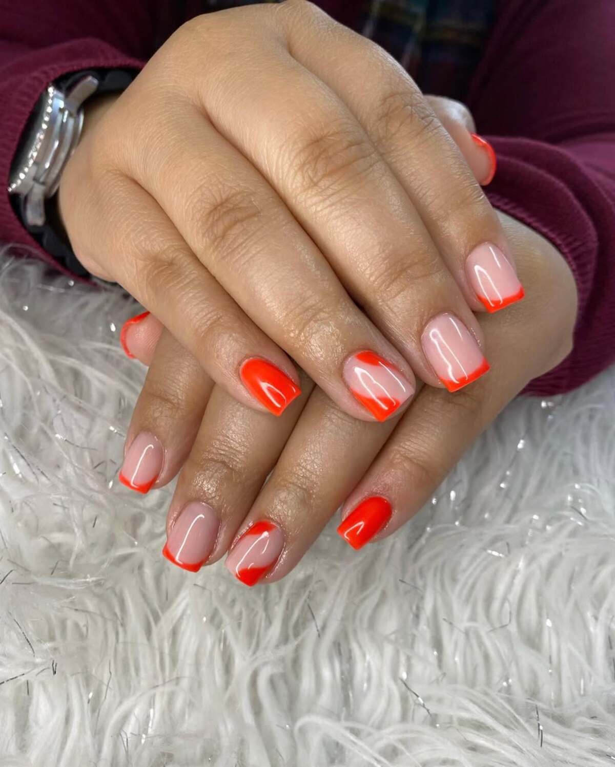 25. Fiery Red French Tips on Square Nails
