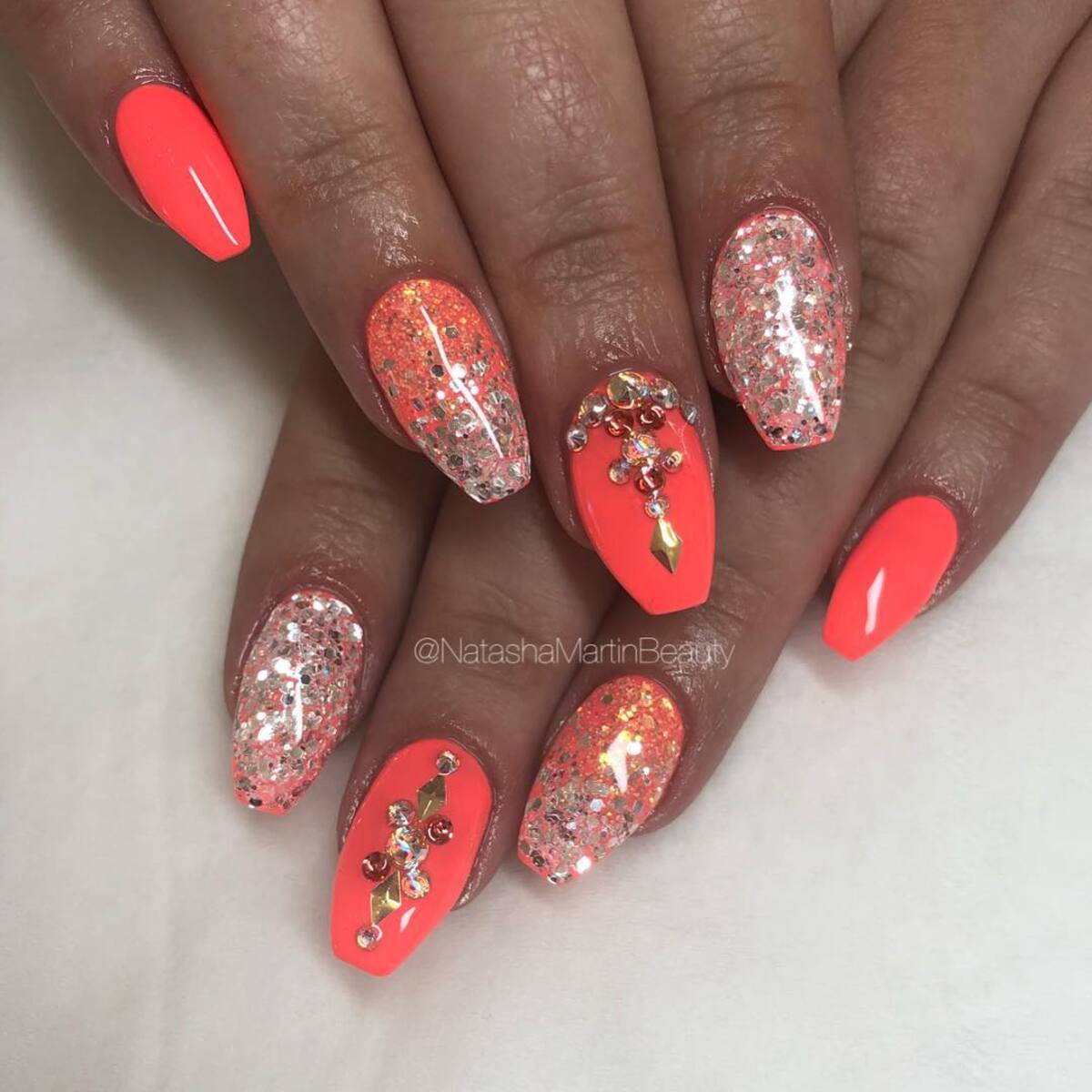 24. Neon Coral and Glitter Explosion