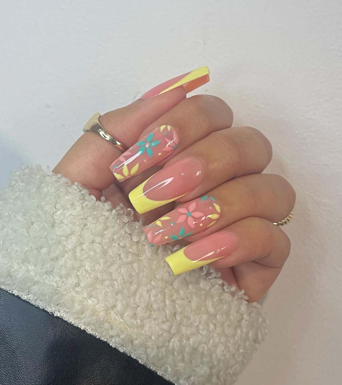 1. Soft Pink and Yellow Floral French Tips