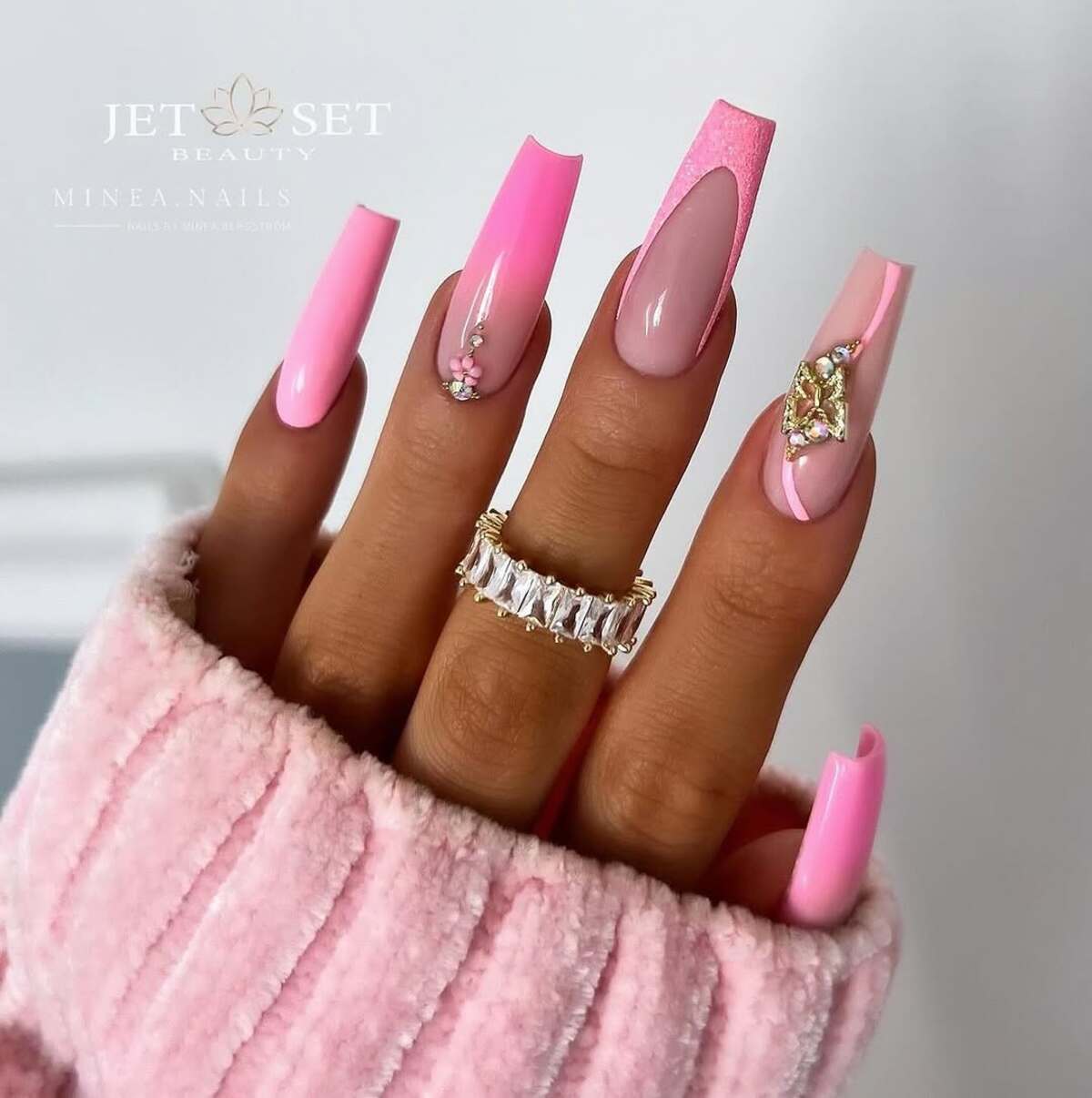 12. Chic Pink Coffin Nails with Gemstone Details