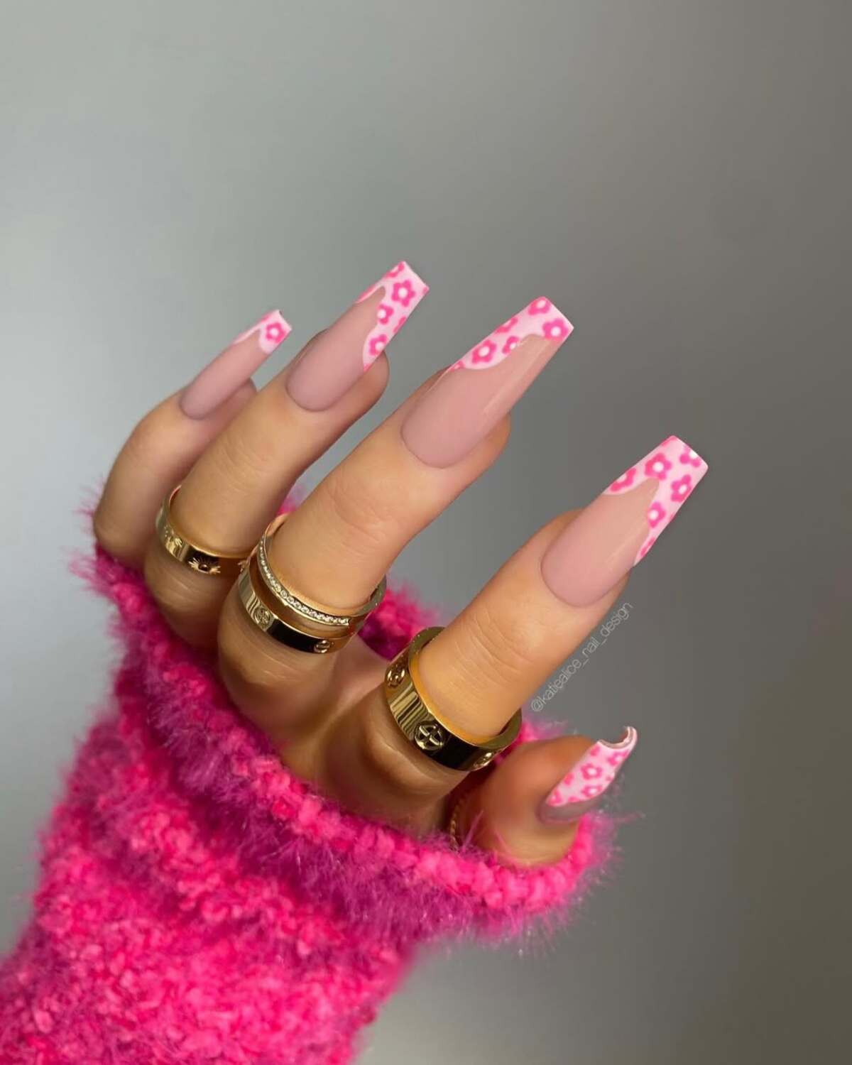 24. Matte Pink Floral French Tips