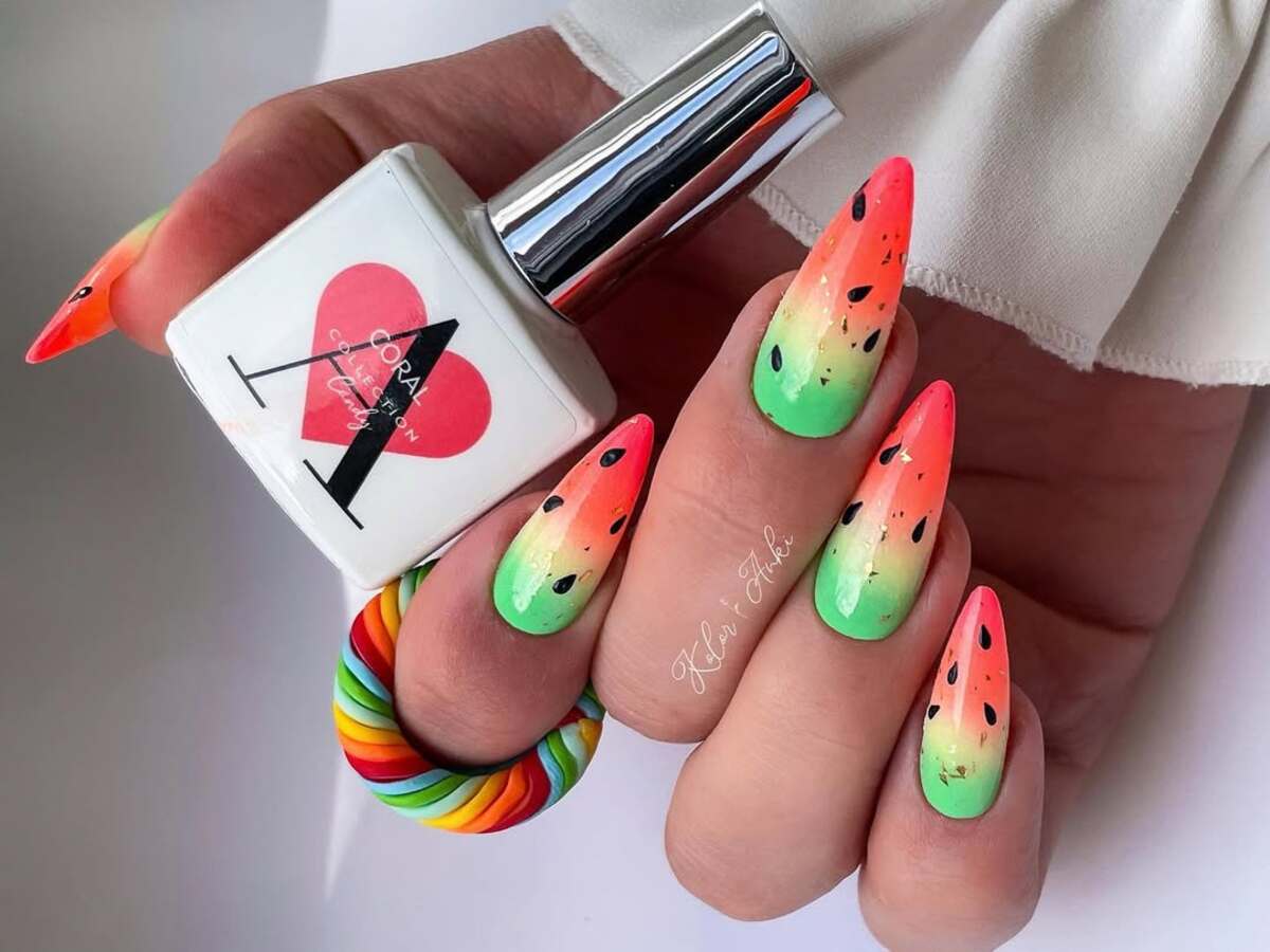 3. Ombre Watermelon Stiletto Nails