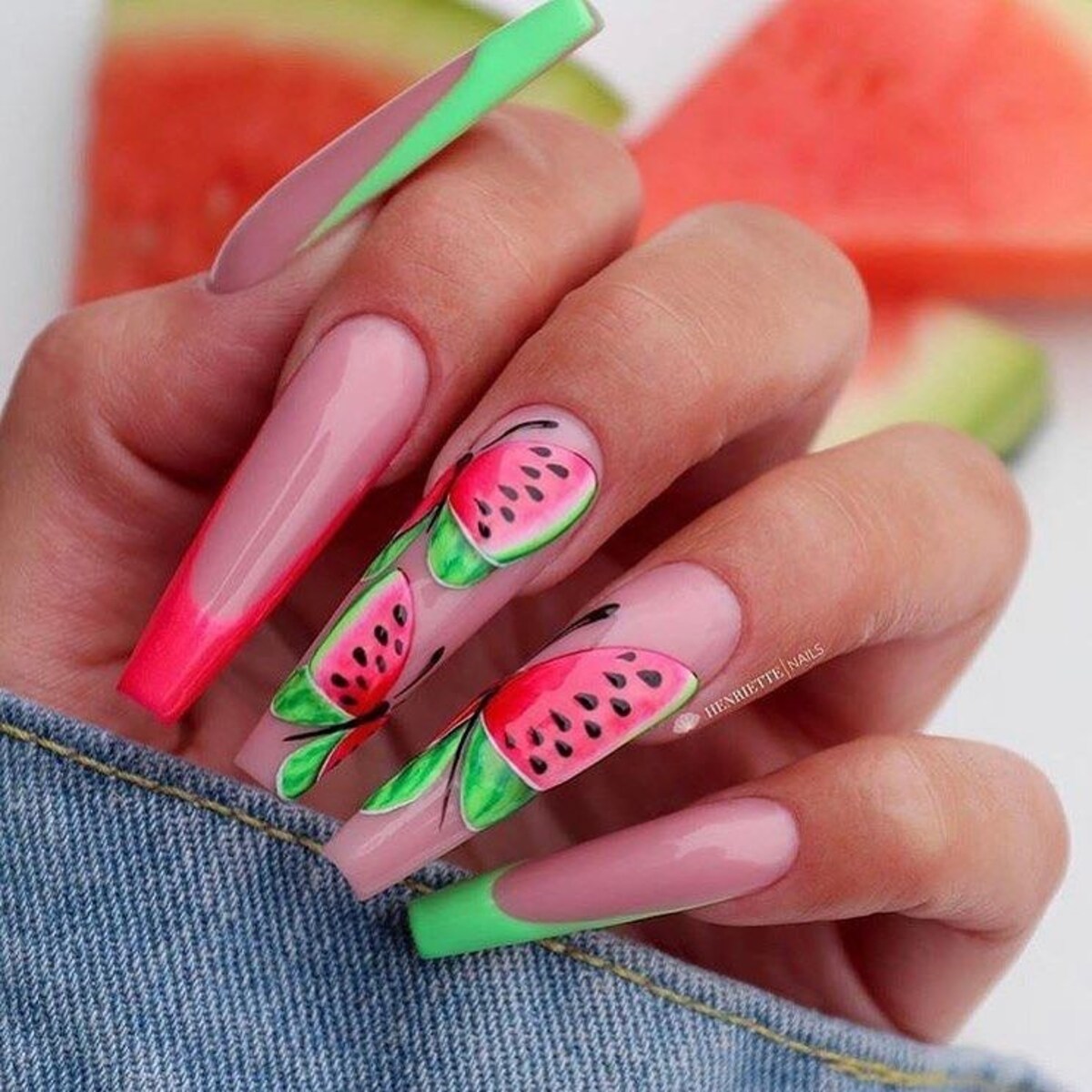 26. Juicy Watermelon-Inspired Long Nails