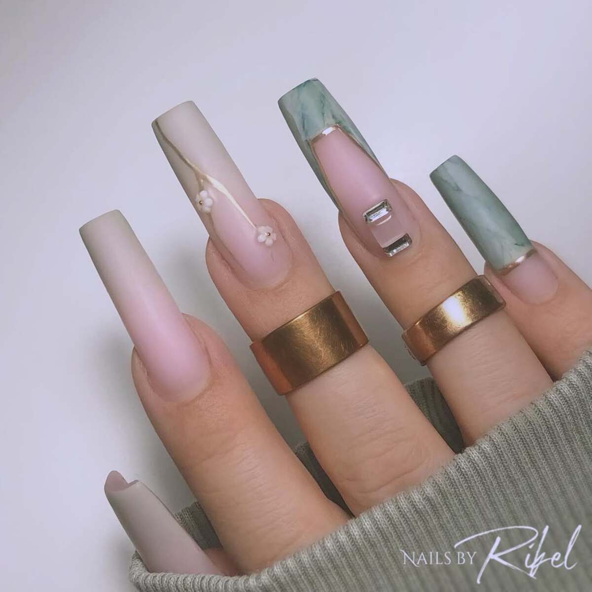 12. Elegant Sage Green and Nude Coffin Nails