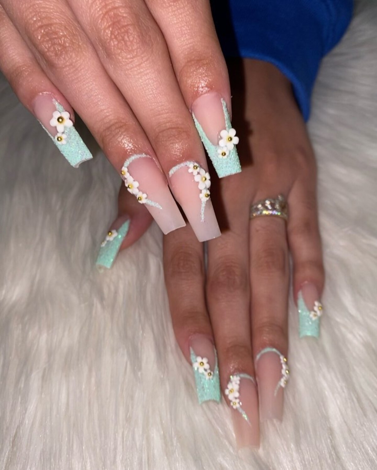 13. Textured Sage Green French Tips with 3D Florals