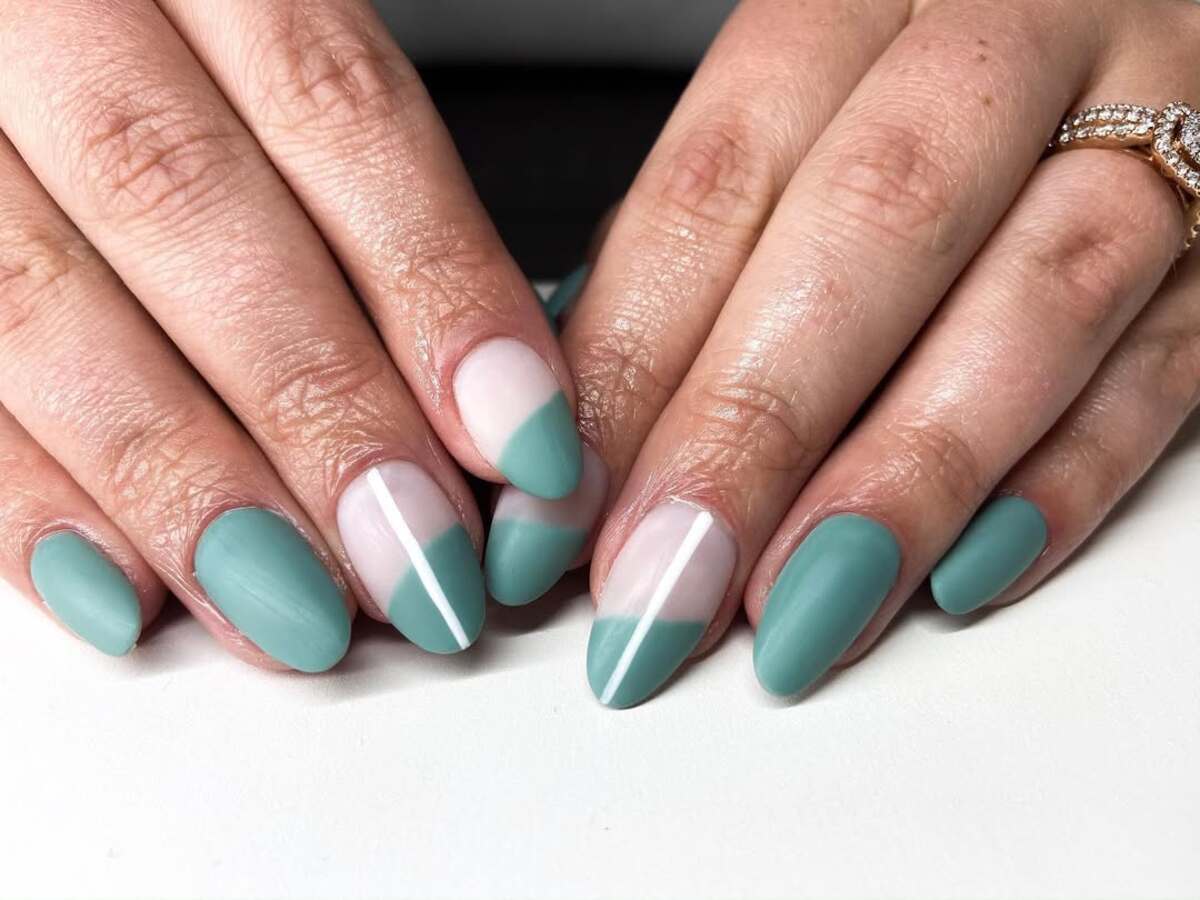 18. Minimalist Half-Sage Green French Tips