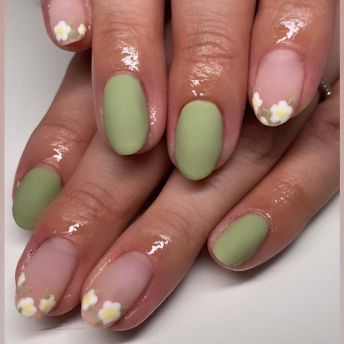 22. Minimalist Sage Green with Petite Floral Tips