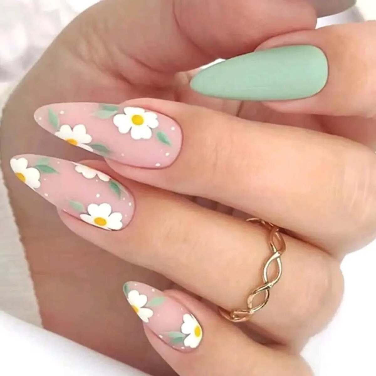 25. Sage Green Matte Nails with Bold Daisy Accents