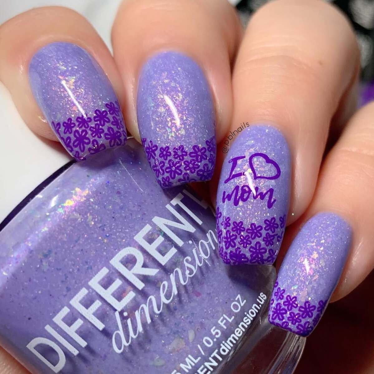 12. Sparkling Purple Nails with 'I ❤️ Mom' Design