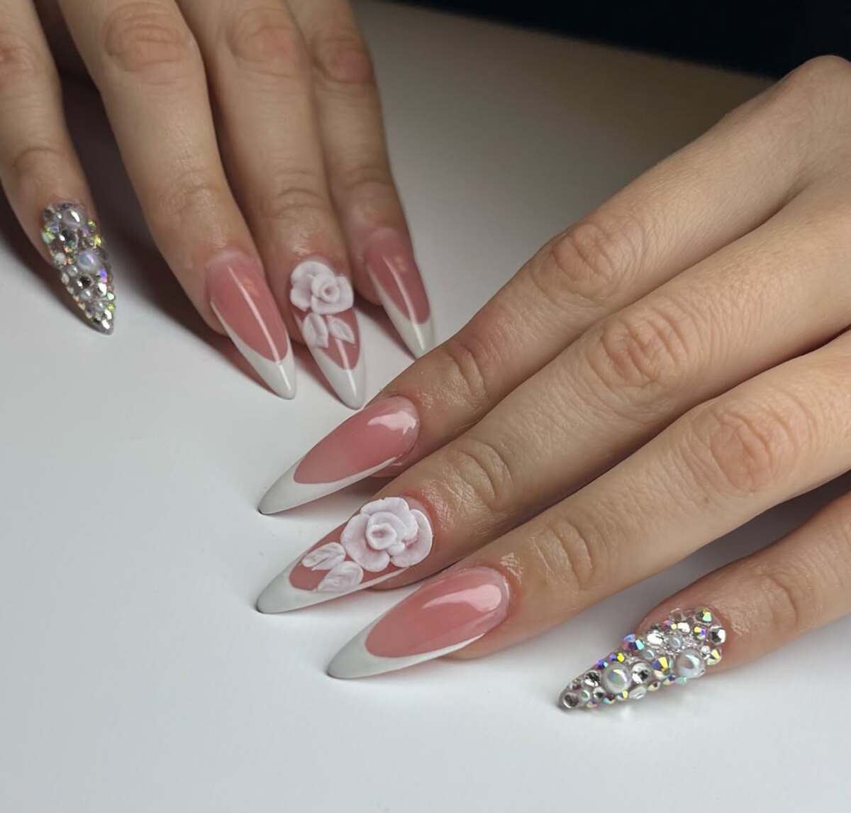 22. Luxurious 3D Floral French Tips with Rhinestones