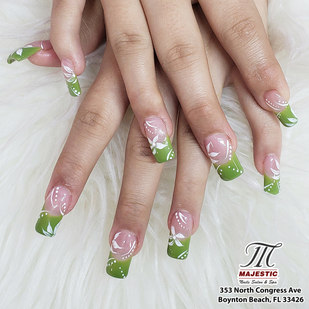 25. Elegant Green French Tips with White Floral Details