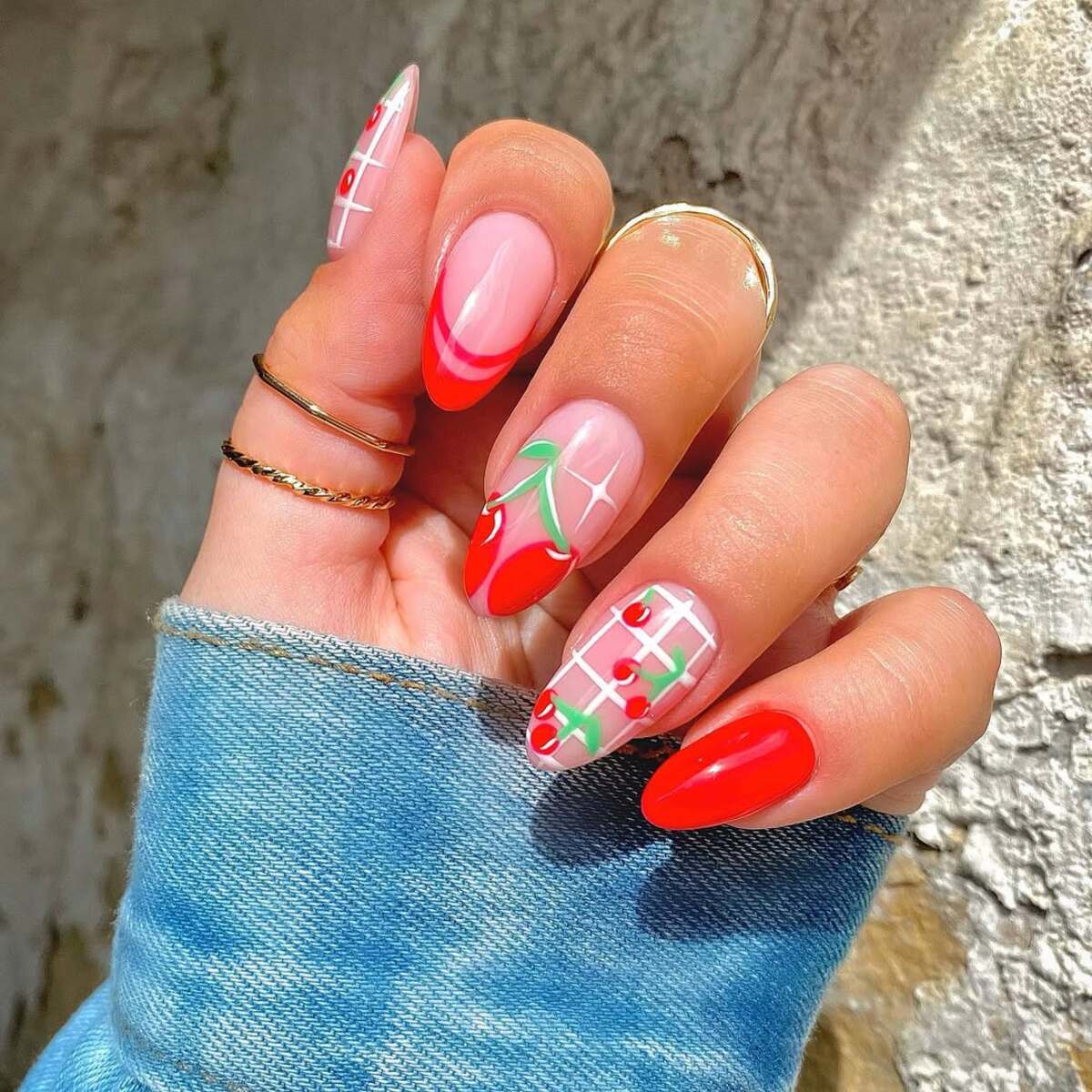 17. Cherry-Themed Red Nail Art