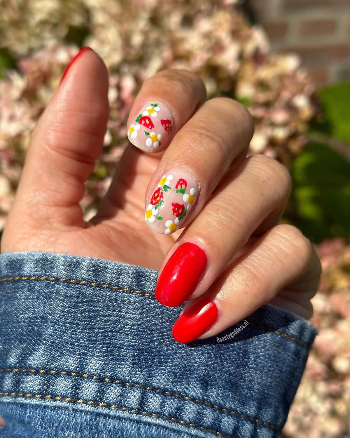 23. Cottagecore Strawberry and Daisy Nails