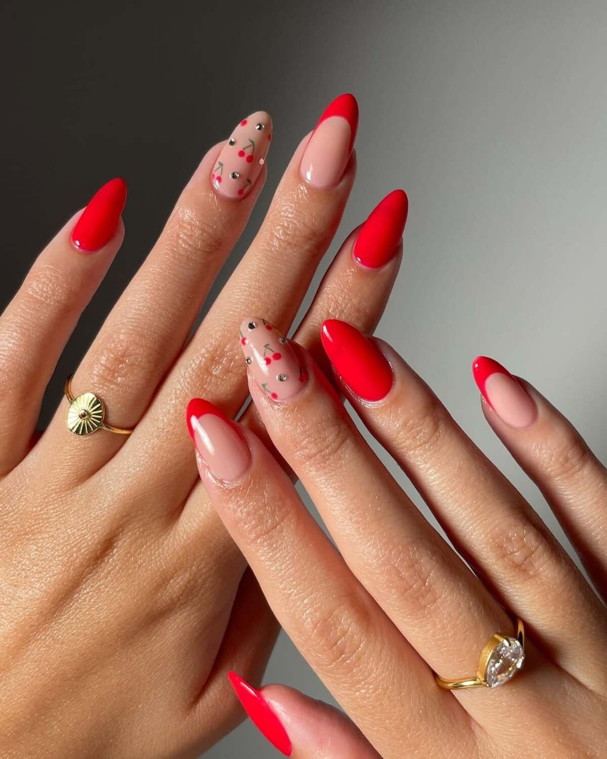 8. Red French Tips with Dainty Cherry Details