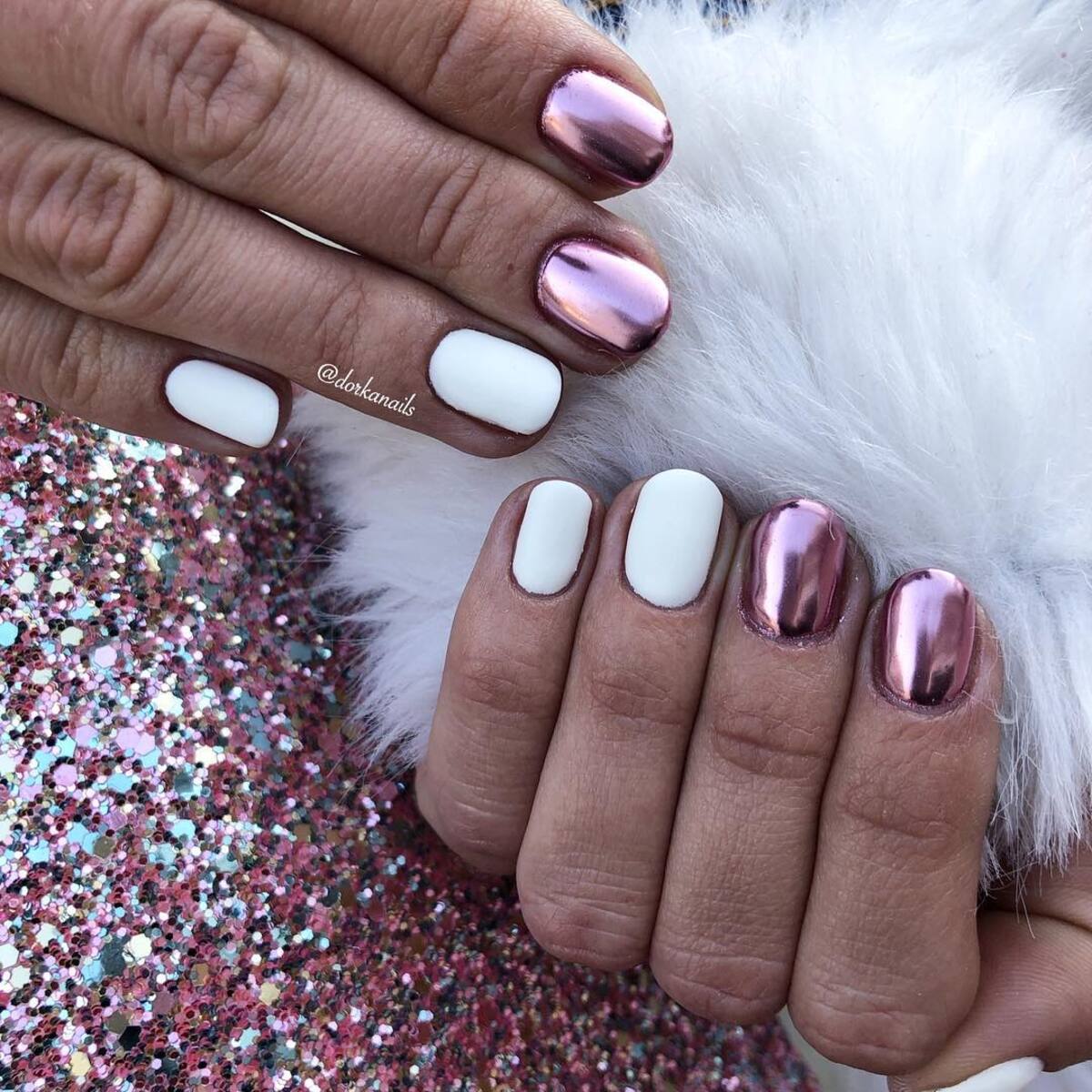 22. Bold White and Rose Gold Chrome Contrast